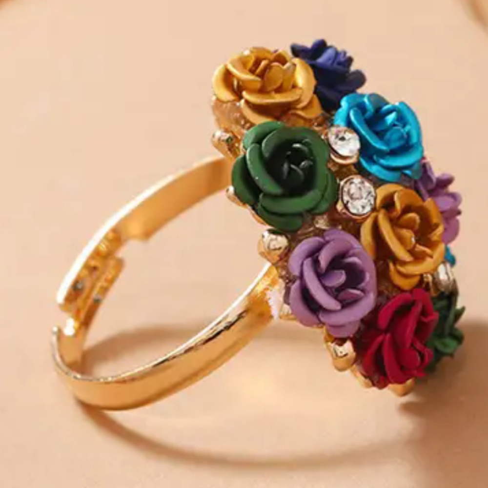 BLOOMING ROSE RING GOLD DOZEN ROSES FITS 6,7,8,9,10 - Picture 2 of 3